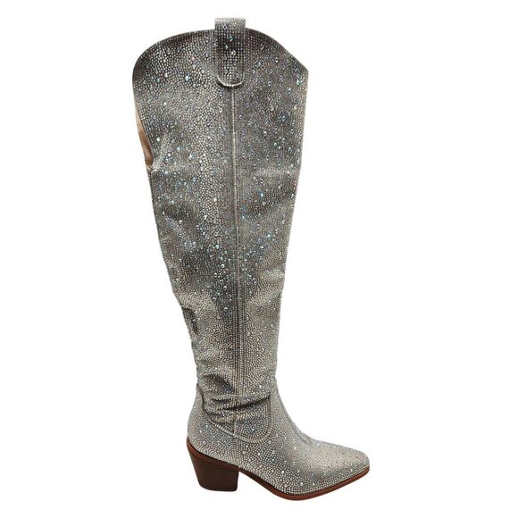 Rhinestone Embellished Silver Western Style Knee-High Boots Block Heel Size 6 - Picture 8 of 12